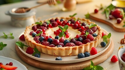 The tart is creamy garnished with fresh berries