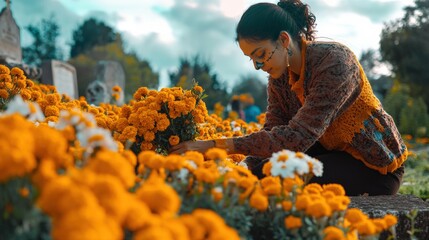 A woman bends down to arrange marigold flowers, showcasing her dedication and love for floral artistry in an outdoor environment