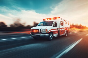 Emergency medical ambulance rushing for healthcare concept   infographic wide banner shot