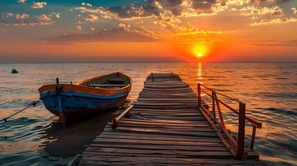 Obraz premium Wooden pier with boat at sunset