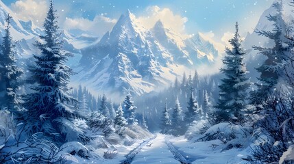 The trail leads through snow capped peaks