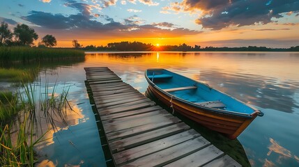 Obraz premium Wooden pier with fishing boat at sunset on a lake