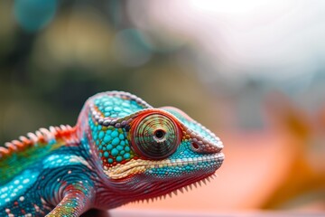 Obraz premium A colorful chameleon on a branch in a green exotic rainforest. Focus on the head in close-up, macro photography with soft light.