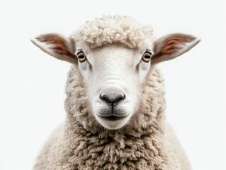 A detailed view of a sheep's face on a white background, suitable for animal-themed designs or illustrations