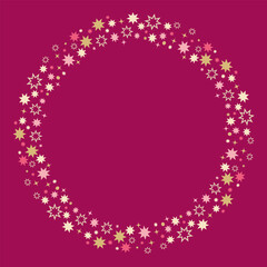 Festive round frame made of gold and pink  stars isolated on magenta background. Decorative element for Christmas and New Year decor. Vector illustration. 