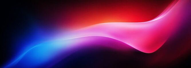 Abstract grainy gradient banner design, red purple blue glowing color flow on dark backdrop