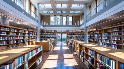 Fototapeta premium A library with rows of bookshelves and quiet study areas.