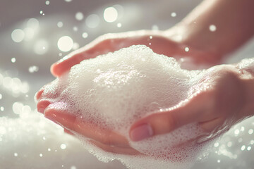 Fototapeta premium Hygienic soap foam in female hands with sparkling splashes