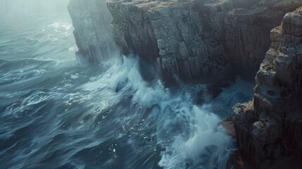 A majestic cliffside with waves crashing against the rocks below.