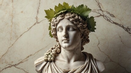  Antique marble bust of a woman with grape leaves in hair, Roman Greek style on light