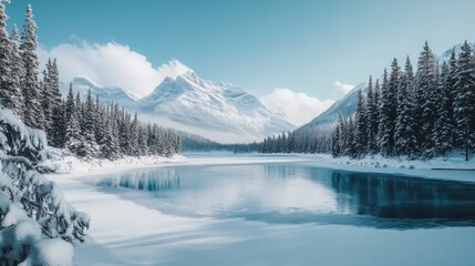 A tranquil winter day highlights the breathtaking beauty of Banff National Park, featuring a frozen lake and towering snow-capped mountains