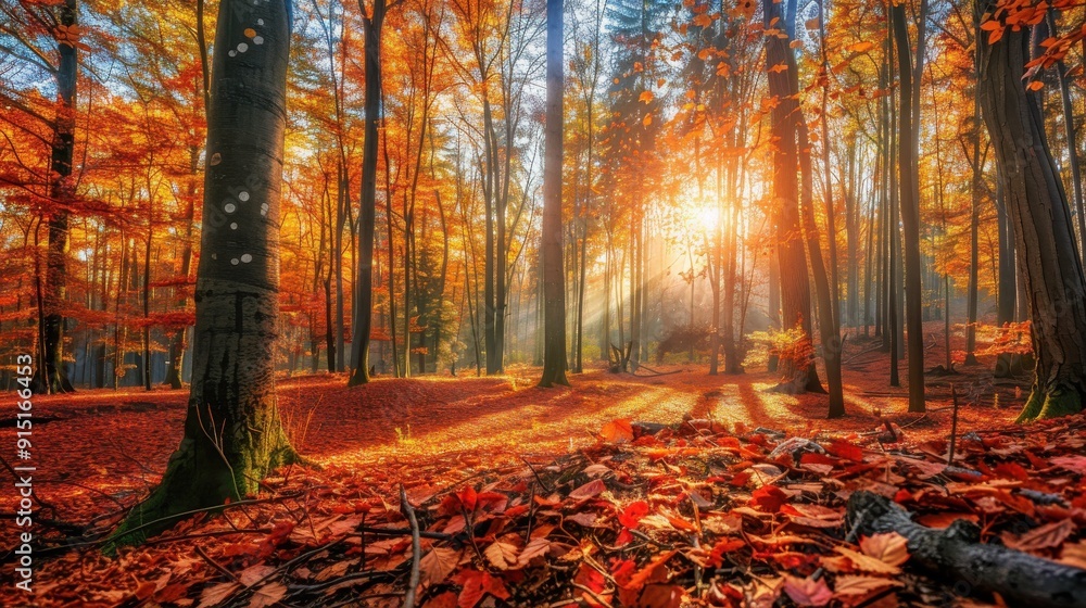 Poster Golden sunlight streams through a deciduous forest, illuminating the colorful leaves on the trees and the red, brown, and yellow leaves that have fallen to the ground.