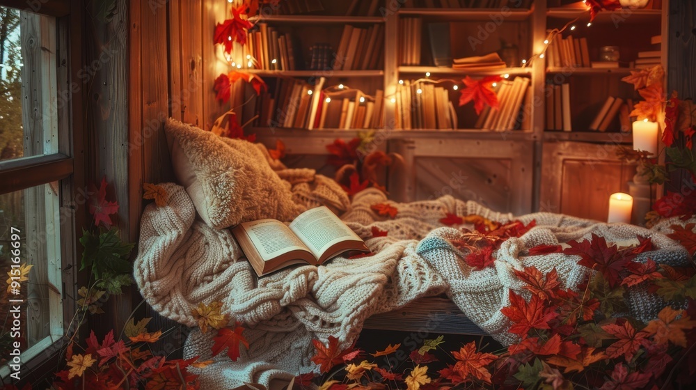 Poster a warm and inviting nook filled with autumnal decorations. an open book rests on a knitted blanket, 