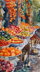 Obraz premium A watercolor painting depicting a fruit market stall overflowing with fresh produce. Various colorful fruits are arranged in bowls and baskets, creating a visually captivating display. The sunlight ca