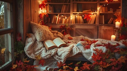 A warm and inviting nook filled with autumnal decorations. An open book rests on a knitted blanket, surrounded by colorful leaves and string lights. The warm glow of candles and the nearby bookshelf c