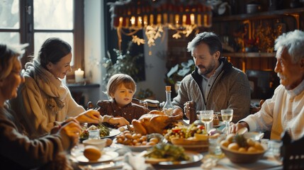Close up of multigenerational family serving dinner together.