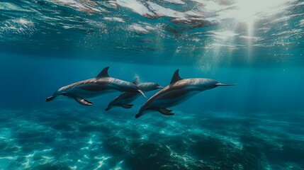 78. "A playful group of dolphins swimming through the clear, blue waters of the ocean.