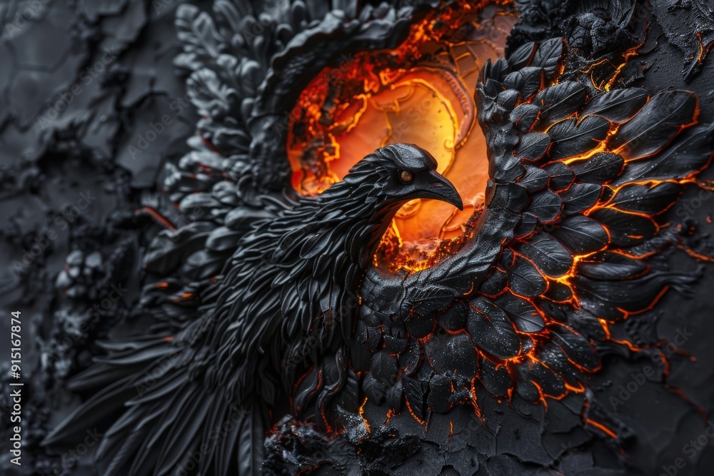 Wall mural A close-up view of a meticulously sculpted black bird with a glowing fiery core, illustrating the blend of rigidity and vibrant inner vitality of a mythical creature.