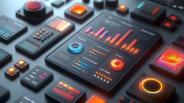 A clean 3D render of a content marketing calendar, with streamlined interface, interactive content types, muted color palette, precise transitions, modern design, detailed metrics,