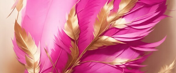 Fototapeta premium Pink and golden feather painting art background