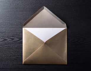 gold envelope, square size on a dark wooden background