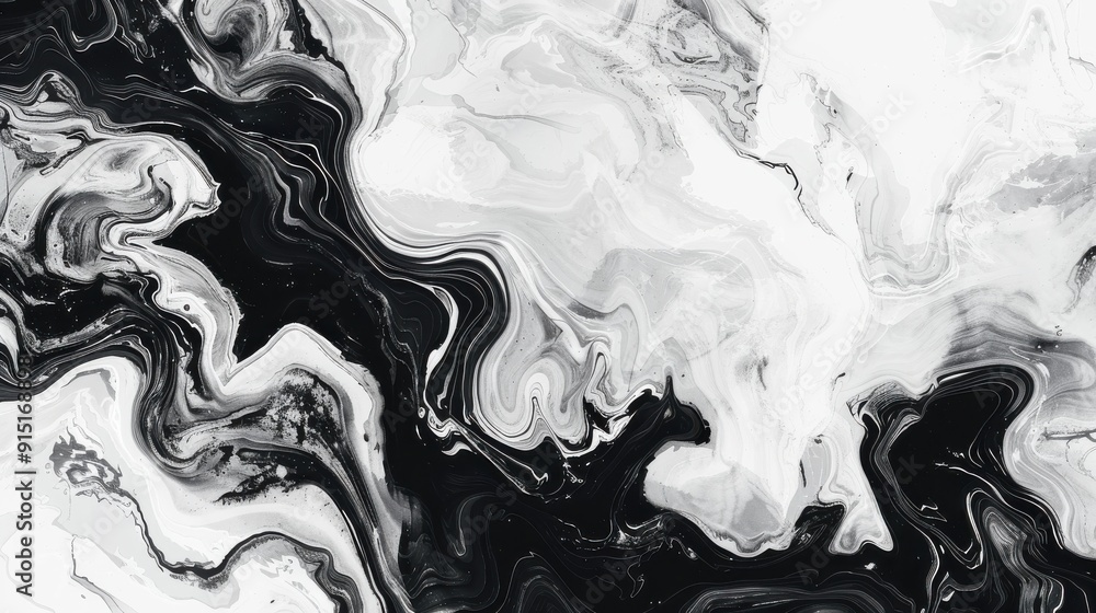 Poster black and white acrylic paint swirls and blends together in an abstract design. the paint creates a 