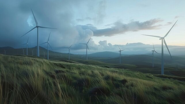 A modern wind farm with turbines spinning against a backdrop of rolling hills.
