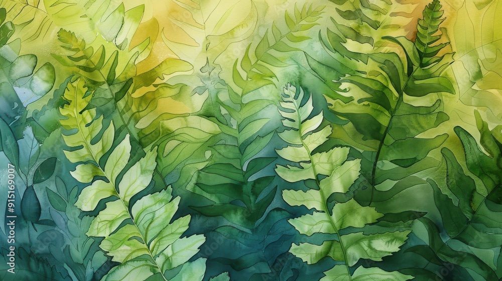 Poster a vibrant watercolor painting depicting a close-up view of lush green fern leaves bathed in sunlight