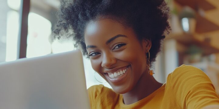 A woman smiling while using a laptop computer, with a peaceful expression