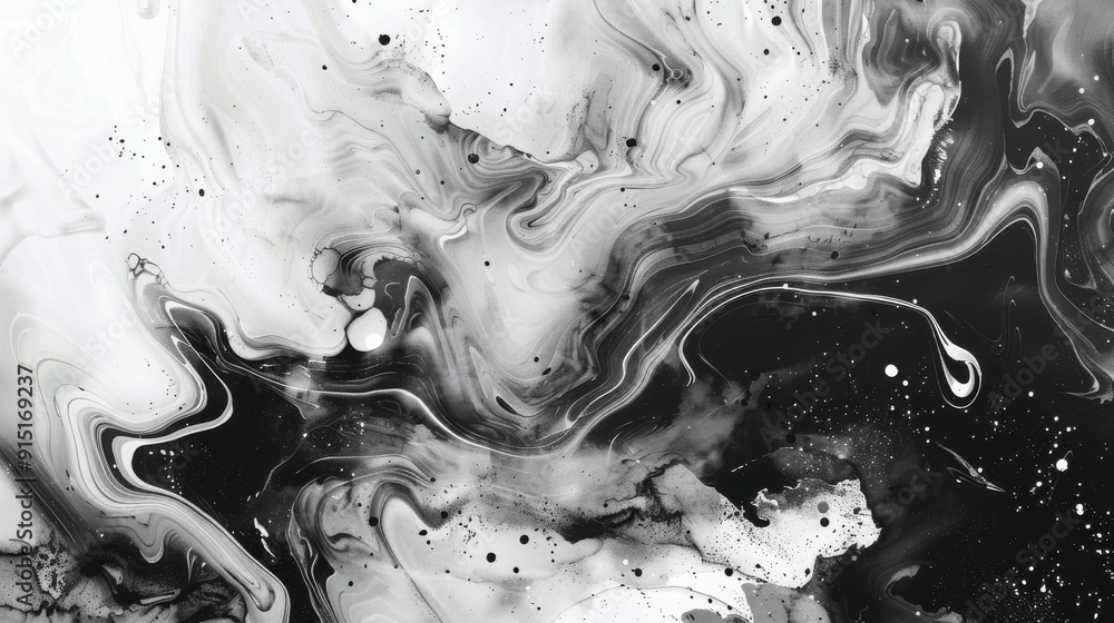 Poster A close-up abstract image of black and white swirling acrylic paint. The paint creates a variety of shapes and patterns, and the background is a light gray. The image is taken from a high angle.