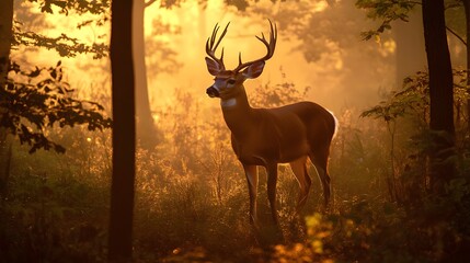 89. "A majestic white-tailed deer standing in a misty forest clearing at dawn.