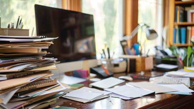 A neatly organized teacher's desk with a computer and stack of papers.