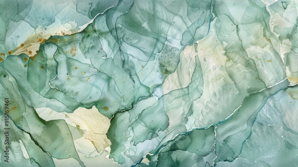 Poster an abstract painting featuring swirling patterns of green, blue, and gold ink. the ink has been blen
