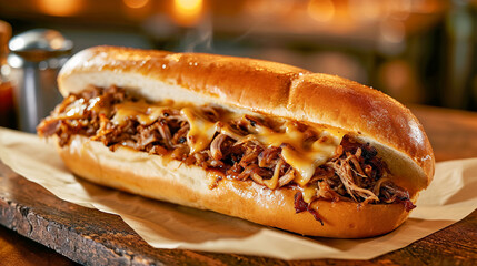 Honey pulled pork sub sandwich with caramelized onions in a roll. Traditional American cuisine