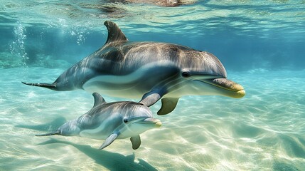 92. "A playful baby dolphin swimming alongside its mother in the clear ocean waters.