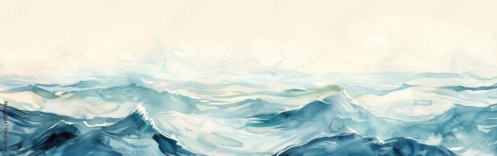 Poster an abstract watercolor painting features a blue ocean with white clouds in the background. the waves