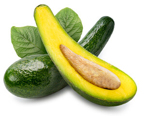 Long Neck Avocados isolated on white background, Fresh Long Neck Avocados with leaf on white background, With clipping path.