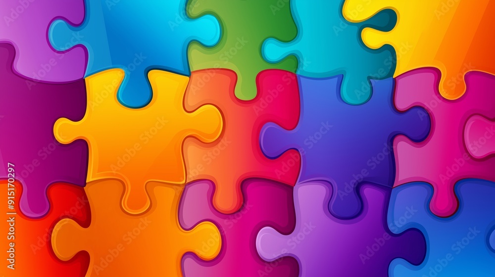Poster a colorful jigsaw puzzle with a rainbow of colors. the puzzle pieces are arranged in a way that they