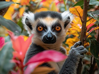 Curious lemur exploring dense foliage, appearing lost amidst lush greenery in its natural habitat