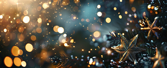 Christmas background with bokeh christmas lights and golden stars, festive decoration with pine branches and glittering particles of falling snowflakes in the air.