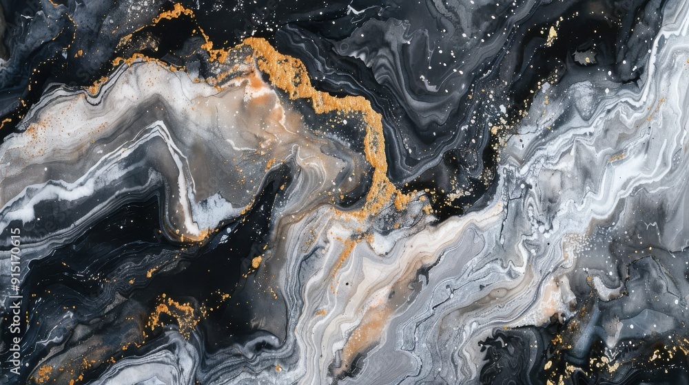 Poster abstract liquid art featuring black, white, and gold paint swirling and mixing together in a unique 
