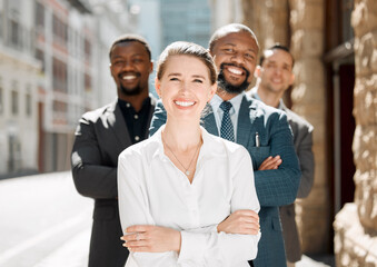 Businesswoman, leader and portrait in city for diversity, inclusion and about us at buildings....