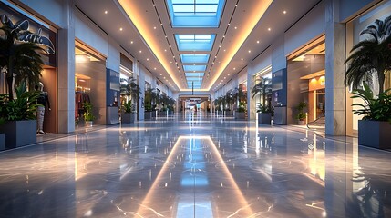 A detailed 3D render of a shopping mall entrance with digital advertisements displaying a company's brand, sharp and vibrant visuals, professional layout, interactive components,