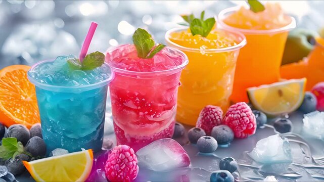Four colorful slushies with fruit garnishes and ice cubes. Perfect for summer refreshment.