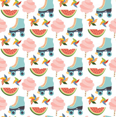 Seamless colorful pattern with with rollers, cotton candy, windmills and slices of watermelon. Vector summer background in flat style	
