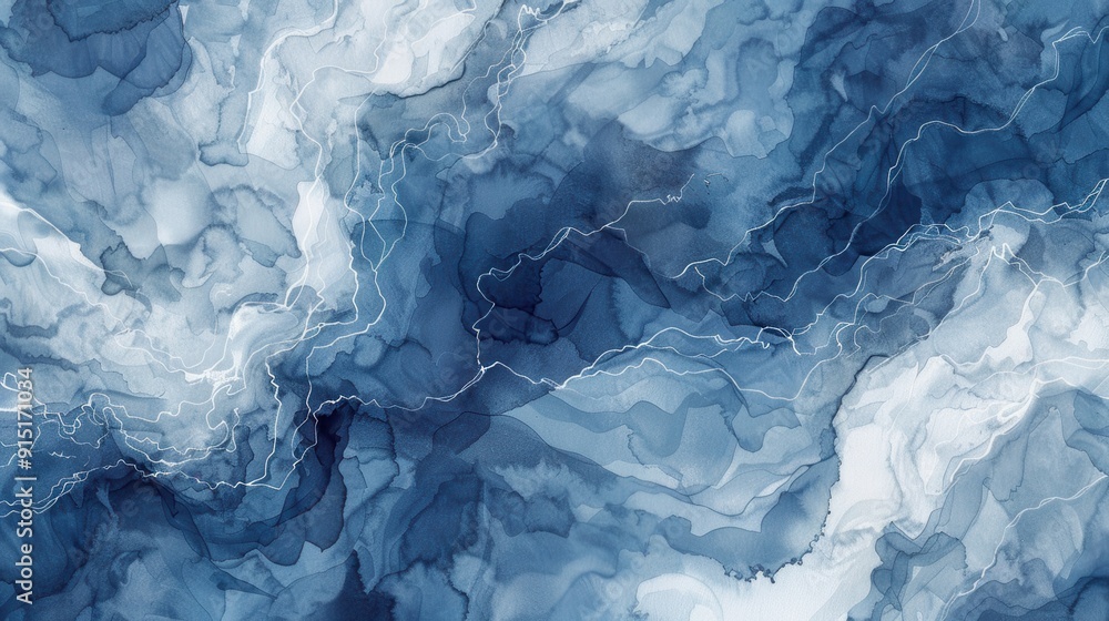 Poster a close-up abstract painting with blue and white ink swirling and mixing together. thin white lines 