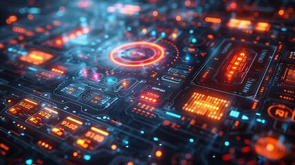 Fototapeta premium A futuristic 3D illustration of a content marketing calendar, showcasing different content types with neon accents, interactive elements, sharp lines, clear labels,