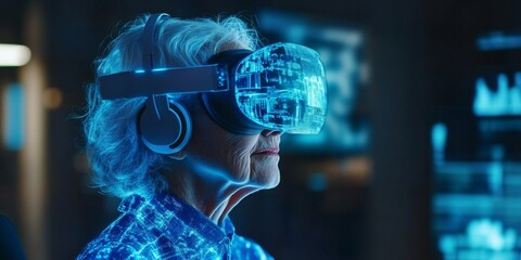 Innovative Elderly Tech Adoption: Grandmother Using VR Headset for AI-Powered Business Training. Futuristic Blue Holographic Education Scene Showcasing Intergenerational Learning, Machine Learning, an