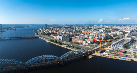 Fototapeta premium Aerial view of the Riga old town in Latvia. Riga Cityscape In Sunny Summer Day. Famous Landmark - Riga Dome Cathedral