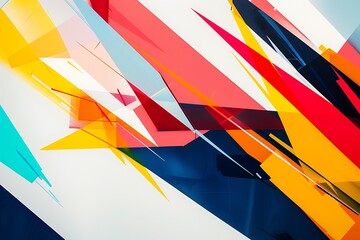 Vibrant geometric abstraction with sharp, angular shapes in bold colors, arranged dynamically on a clean white background.